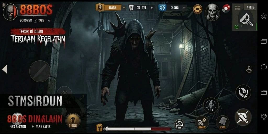 Screenshot gameplay 88BOS menunjukkan suasana menyeramkan dan mencekam.