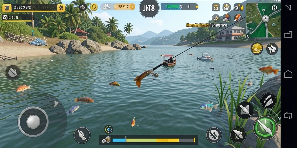 Gameplay JKT8 yang mendebarkan saat memancing ikan di danau.