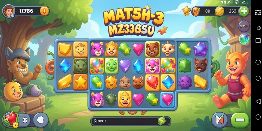 Screenshot utama MZ356 menampilkan gameplay seru dan penuh warna dari game Match-3.