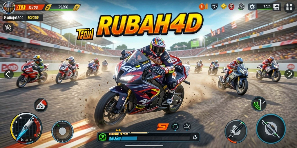 Screenshot RUBAH4D menampilkan aksi balapan motor yang seru dan mendebarkan.