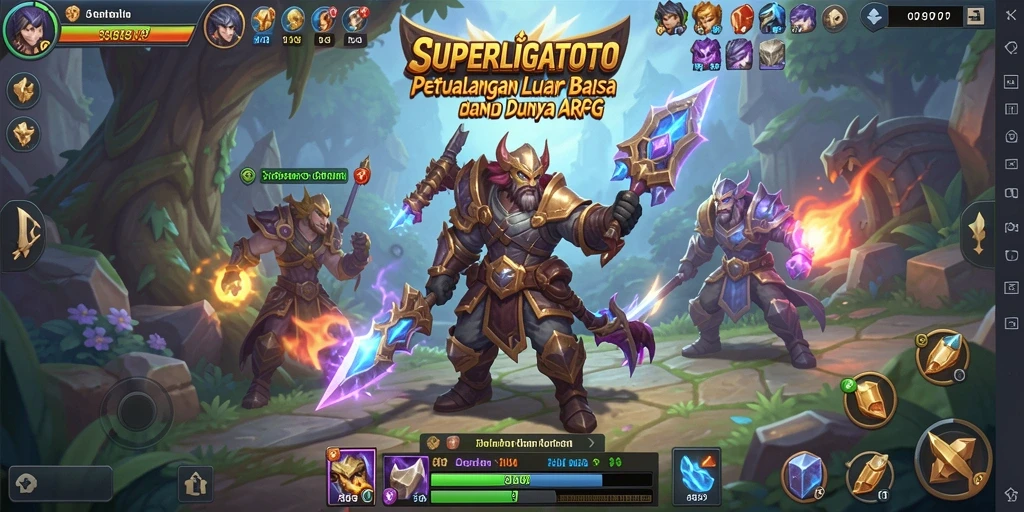 Tangkapan layar <strong>SUPERLIGATOTO</strong> menampilkan pemain bertarung melawan monster besar di dunia fantasi.